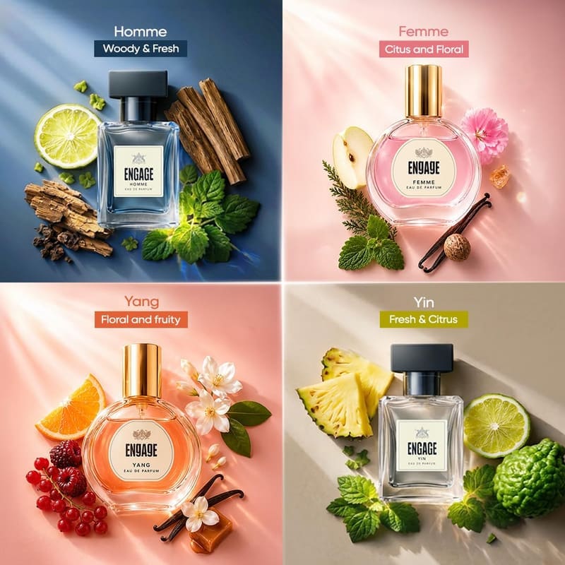 Engage Homme, Femme, Yang and Yin bottles each shown with their key fragrance ingredients