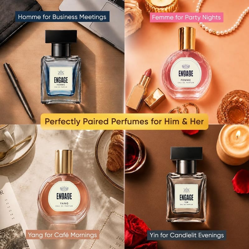 Engage couple set bottles styled for occasions, captioned Perfectly Paired Perfumes for Him and Her