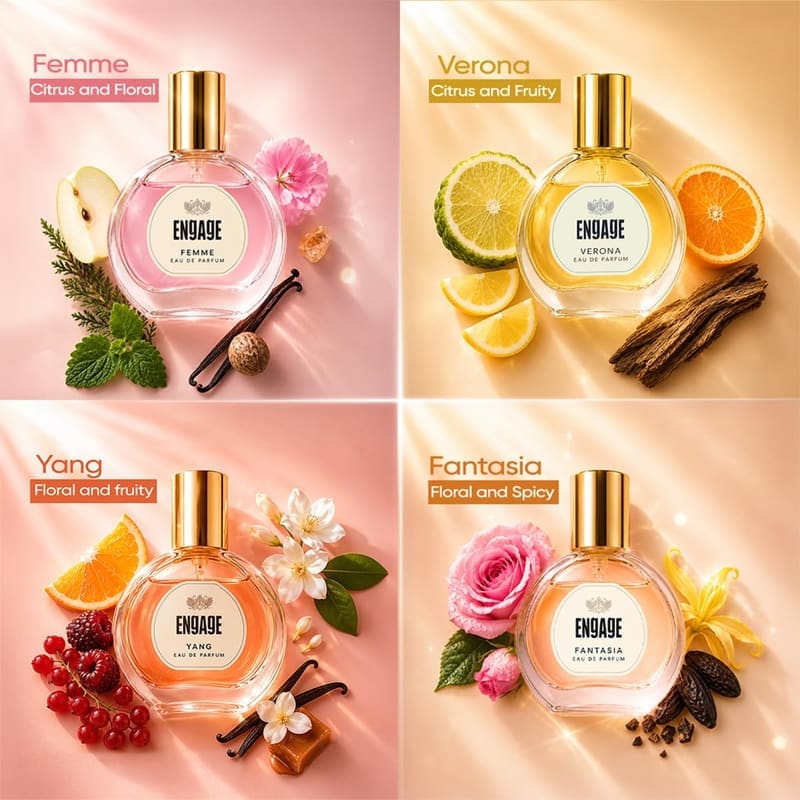 Engage Femme, Verona, Yang and Fantasia bottles each shown with their key fragrance ingredients