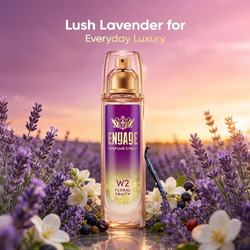 Engage W2 perfume spray bottle standing in a lavender field at sunset