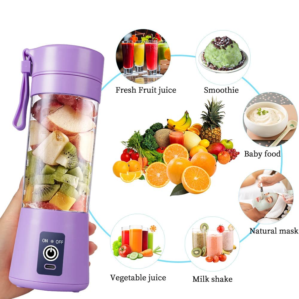 Etekcity portable USB blender lifestyle scale shot held in one hand to show the actual size next to a 500 ml water bottle — emphasising the travel-friendly cordless personal juicer form factor for office desks, hostel rooms and gym bags