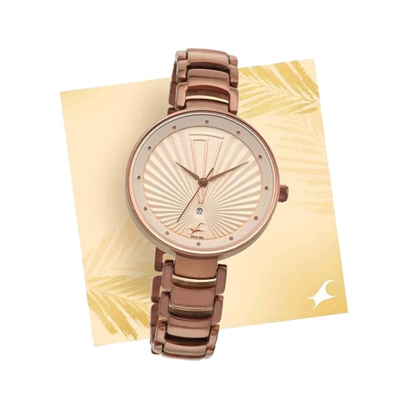 Fastrack Ruffles 6216QM01 Beige Day-Date Dial Brown Metal Strap Women's Watch