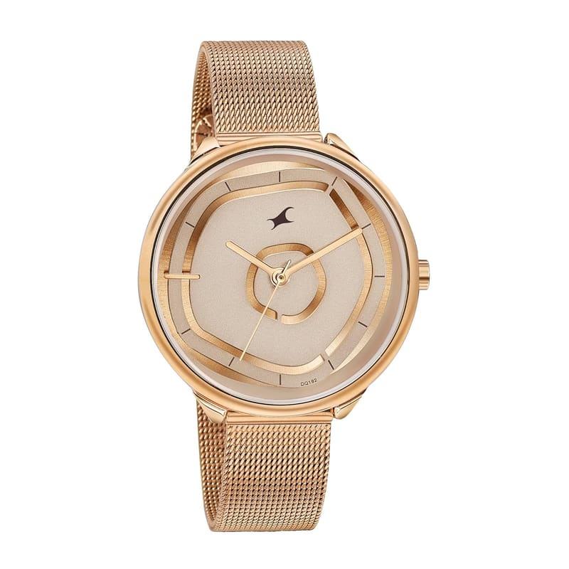 Fastrack Stunners NT6303WM01 dial close-up showing layered rose gold contours and stick markers
