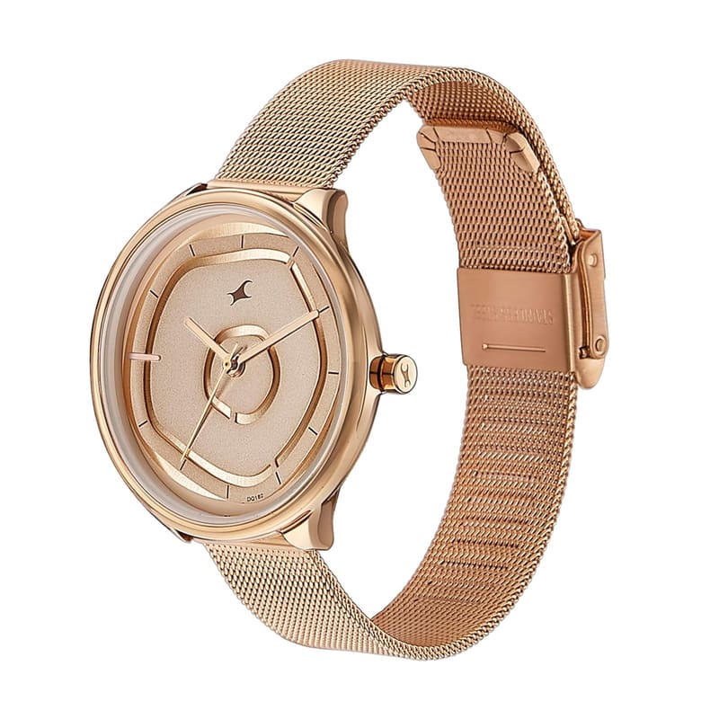 Fastrack Stunners NT6303WM01 angled view showing the crown and mesh strap clasp