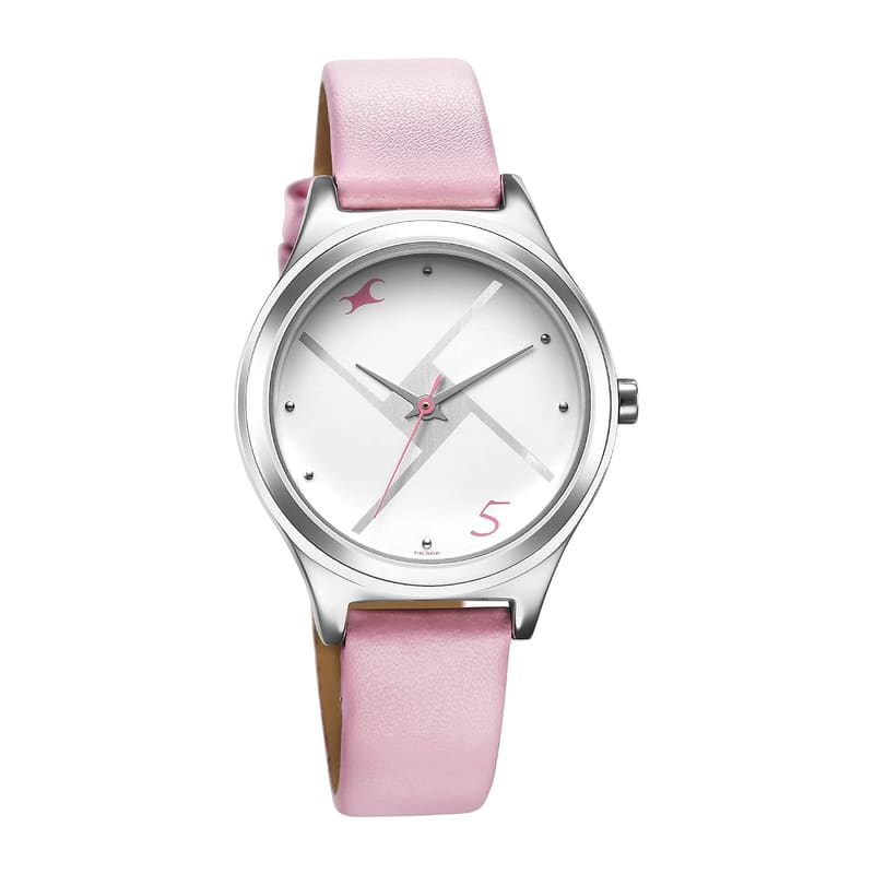 Fastrack Stunners NS6152SL08 alternate product photo showing the round metal case and leather strap