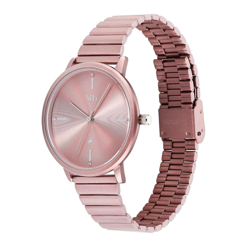 Fastrack Vyb Bliss FV60021KM05W angled view showing the two-tone pink bracelet and buckle