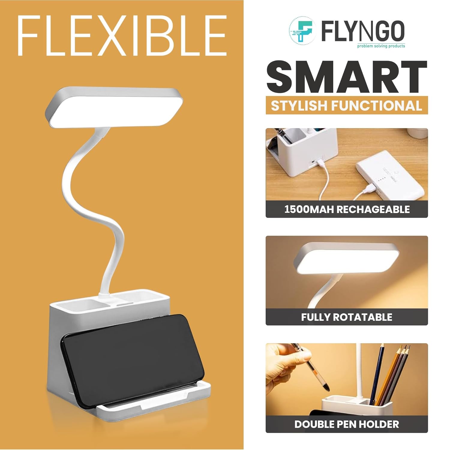 FLYNGO study lamp on a desk illuminated in cool-white mode showing the wide bright pool of light over an open notebook, with a smartphone propped in the base slot and pens stored in the integrated holder