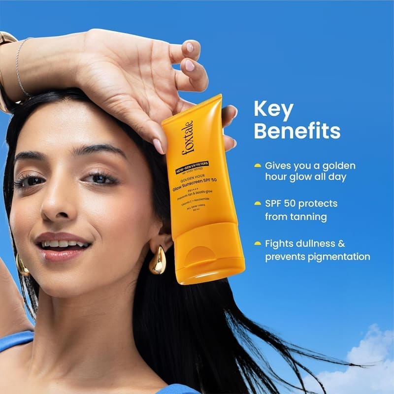 Foxtale Glow Sunscreen SPF 50 PA++++ with Vitamin C & Niacinamide, In-Vivo Tested, Sens... texture and packaging