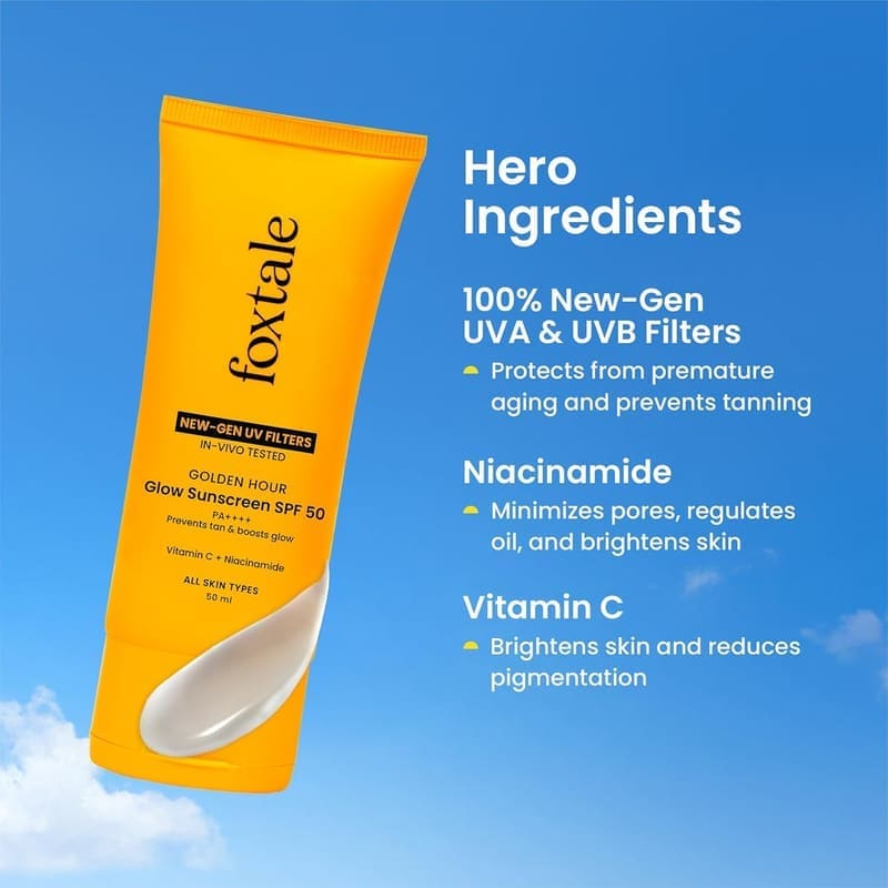 Foxtale Glow Sunscreen SPF 50 PA++++ with Vitamin C & Niacinamide, In-Vivo Tested, Sens... application on skin