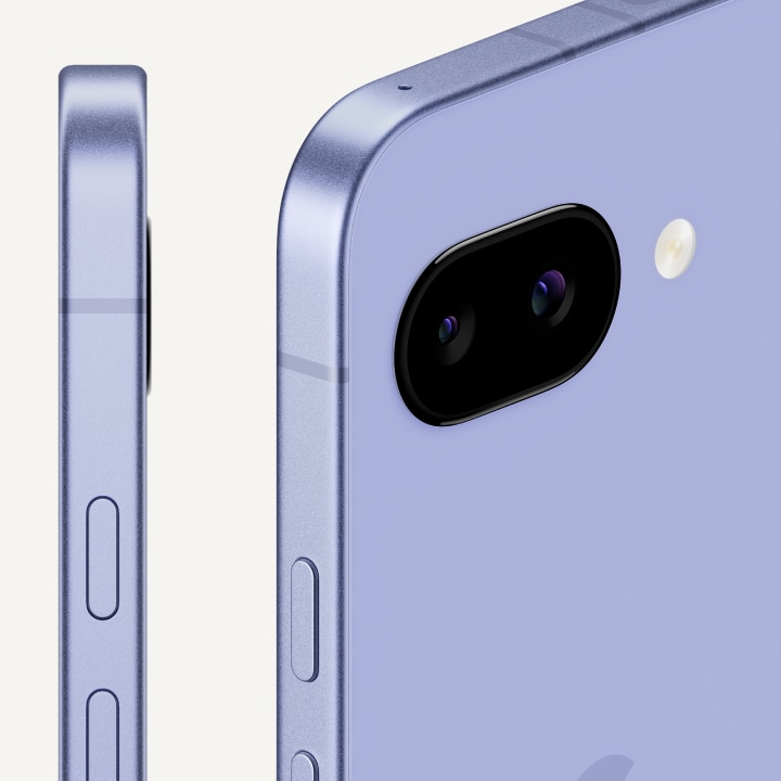 Google Pixel 9a in Iris — back and side view showing the satin aluminium frame, composite matte back and flush rear camera (no camera bar)