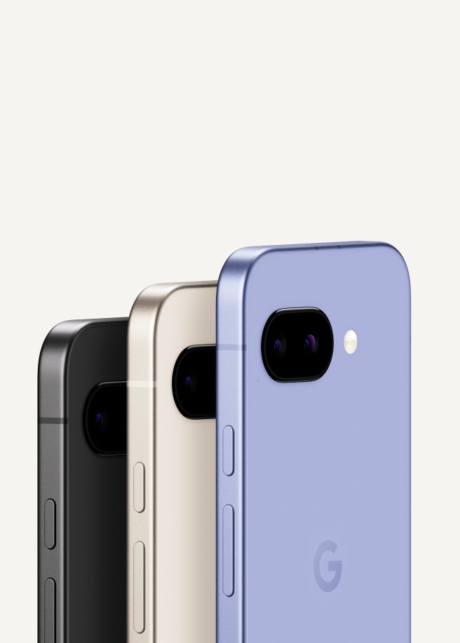 Google Pixel 9a in all three India colours — Obsidian, Porcelain and Iris stacked vertically
