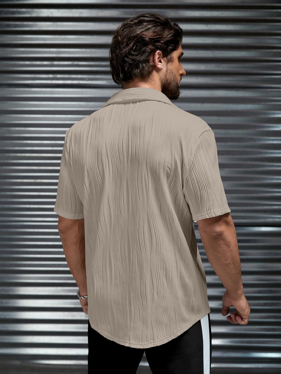 GRECIILOOKS textured polycotton shirt alternative angle showing the embossed weave pattern detail and spread-collar construction