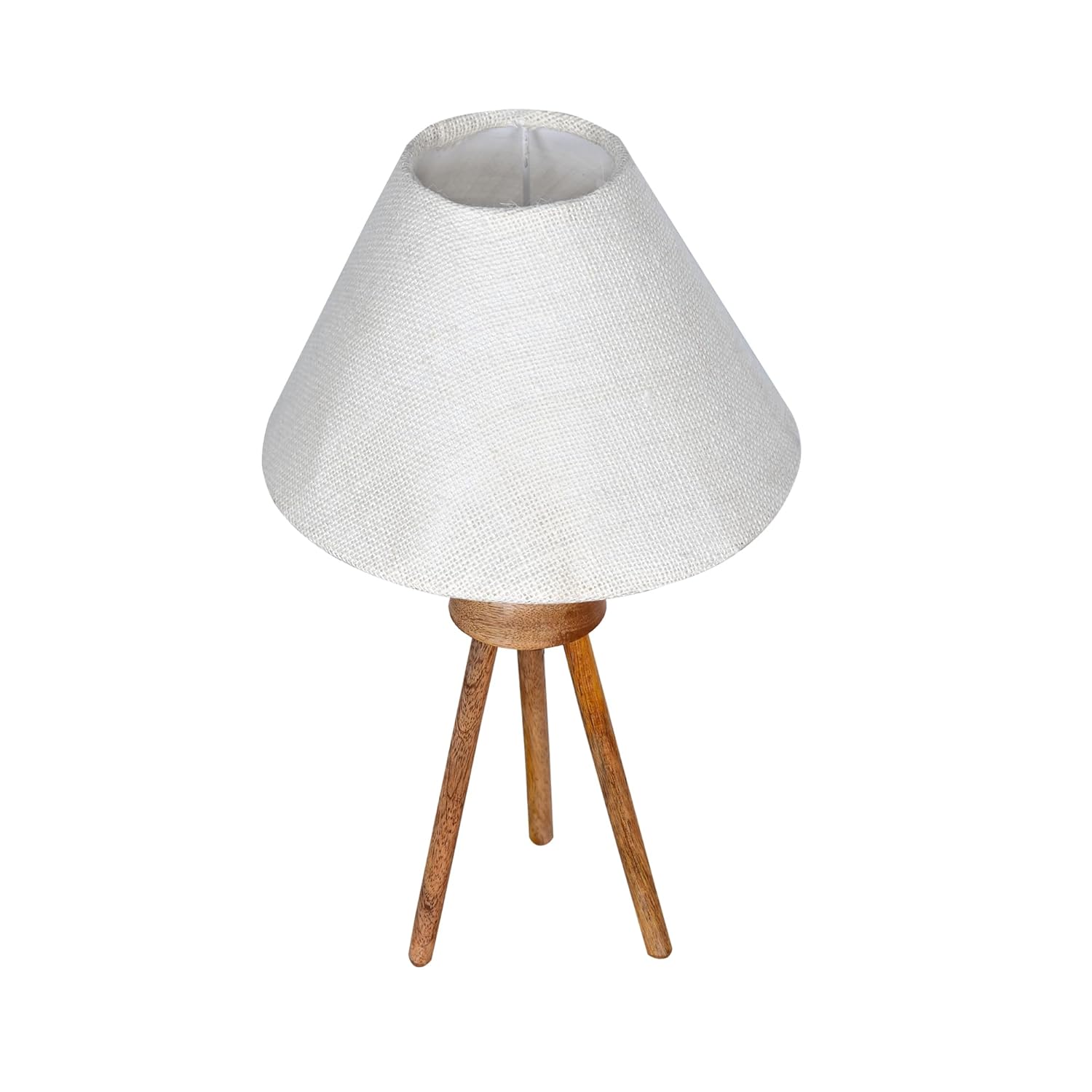 Detail shot of the Homesake tripod lamp base joint showing the three wooden legs converging into the central wooden hub, with the in-line push-button switch on the fabric-wrapped power cord visible on the side