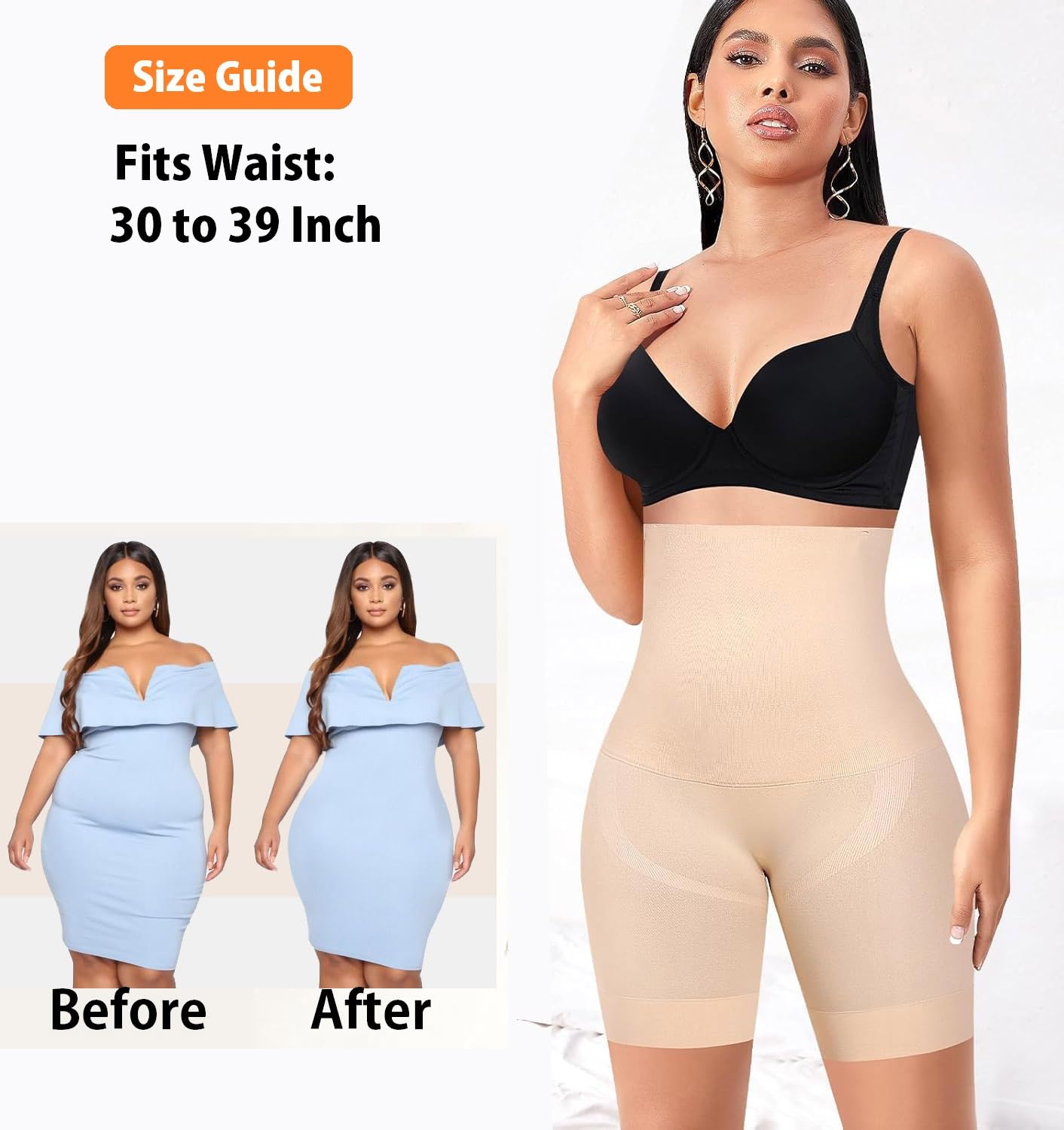 HSR shapewear shorts on-body silhouette demonstrating high-rise tummy-control band and seamless smoothing under fitted clothing