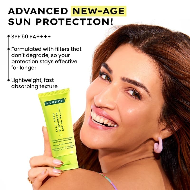 Hyphen All I Need Sunscreen SPF 50 PA++++ texture and packaging
