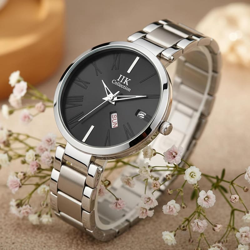 IIK Collection IIK-2054W-DND Day-Date Studded Black Dial Steel Bracelet Women's Watch