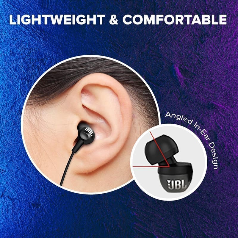 JBL C100SI in-line noise-cancelling microphone and one-button multifunction remote close-up showing the JBL branding, the microphone pinhole and the click-count button geometry (one press play/pause and call, two presses skip forward, three presses skip back)