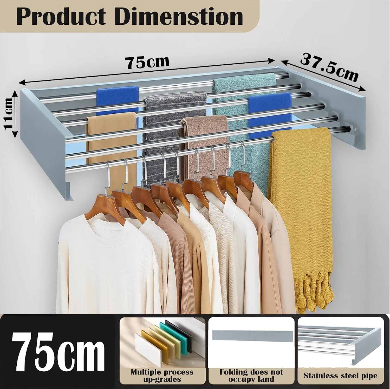JD Fresh drying stand collapsed flat against a balcony wall, showing the discreet matte grey finish against beige paint