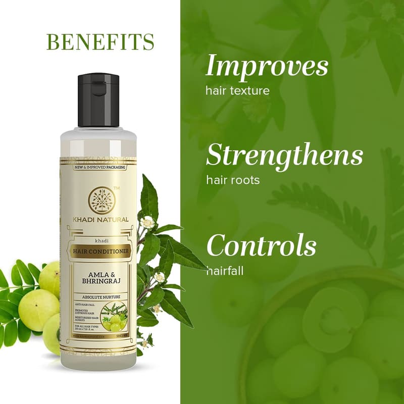 Khadi Natural Amla and Bhringraj Hair Conditioner 210ml, Anti-Hair Fall, Nourishing for He packaging and details