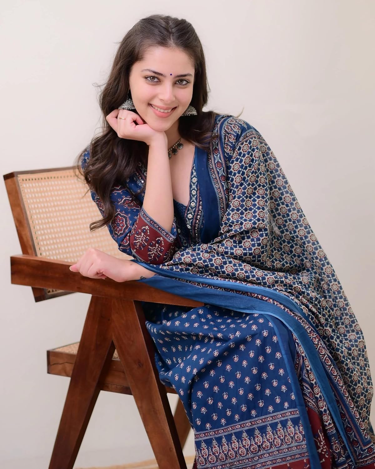 KLOSIA Anarkali set styled on body — three-piece coordination of kurta, pant and dupatta with the maroon contrast border at hem, dupatta draped across the shoulder in classic Indian-ethnic styling