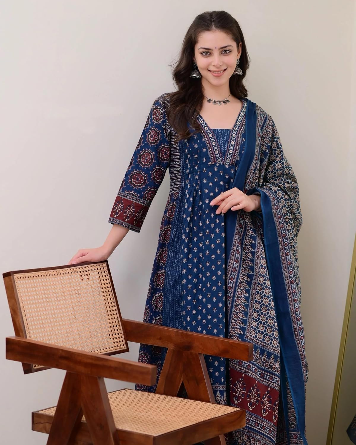 KLOSIA Anarkali set close-up customer photo highlighting the ethnic block-print pattern on the teal-blue rayon kurta body and the matching printed Chanderi cotton dupatta