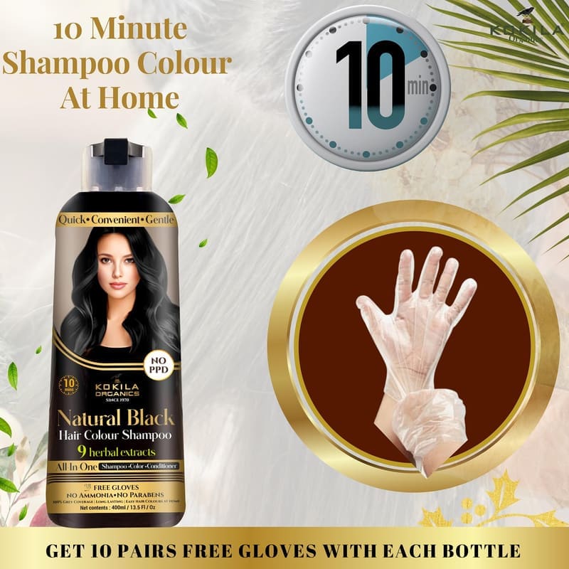 Kokila NO PPD Shampoo Hair Colour - Black 400ml for Women and Men in use