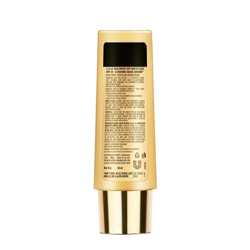 LAKMÉ Sun Expert, Dry Matte Fluid Sunscreen, 50ml, for Oily and Combination Skin, with ... texture and packaging