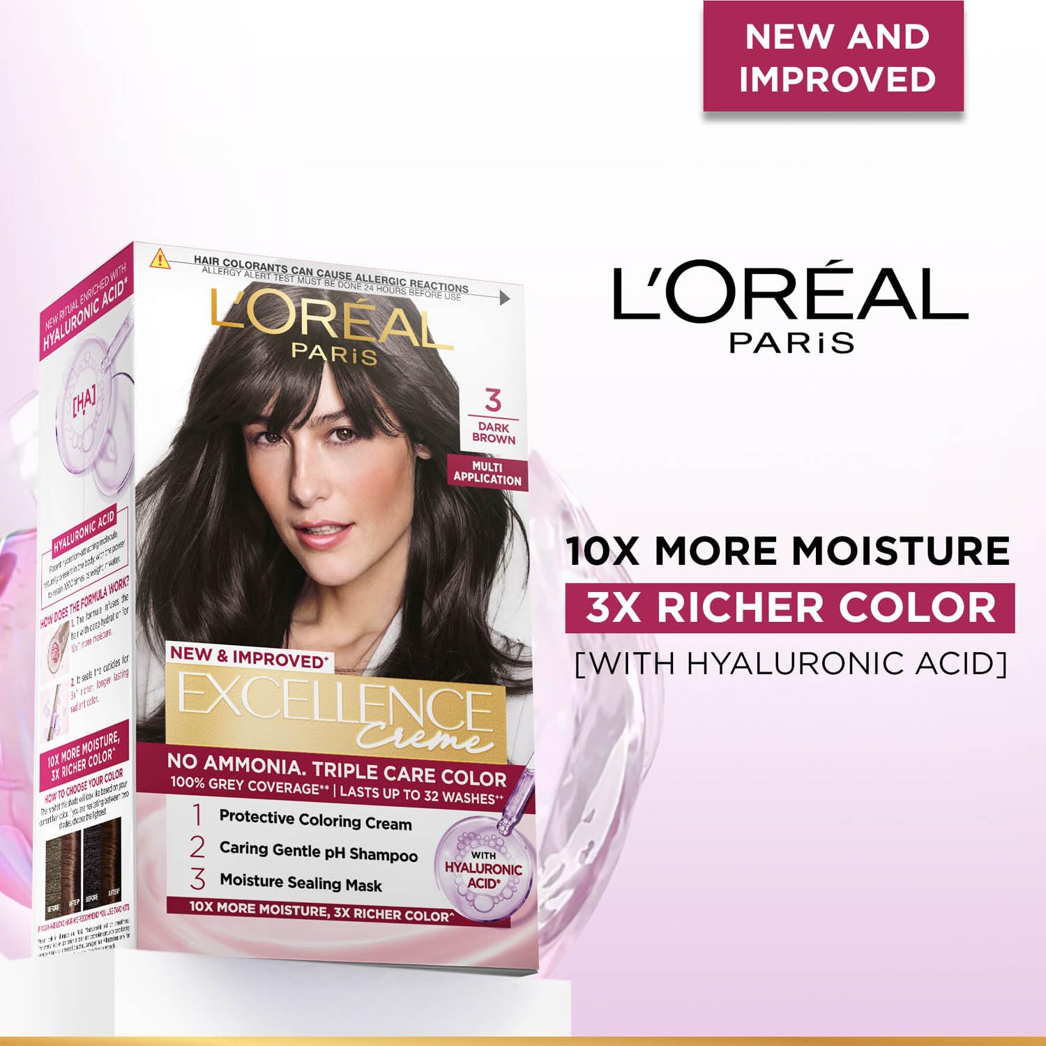 L'Oréal Excellence Crème Shade 3 box back showing triple-care Pro-Keratine + Ceramide + Collagen formulation callouts, 100% grey coverage claim and shade chart
