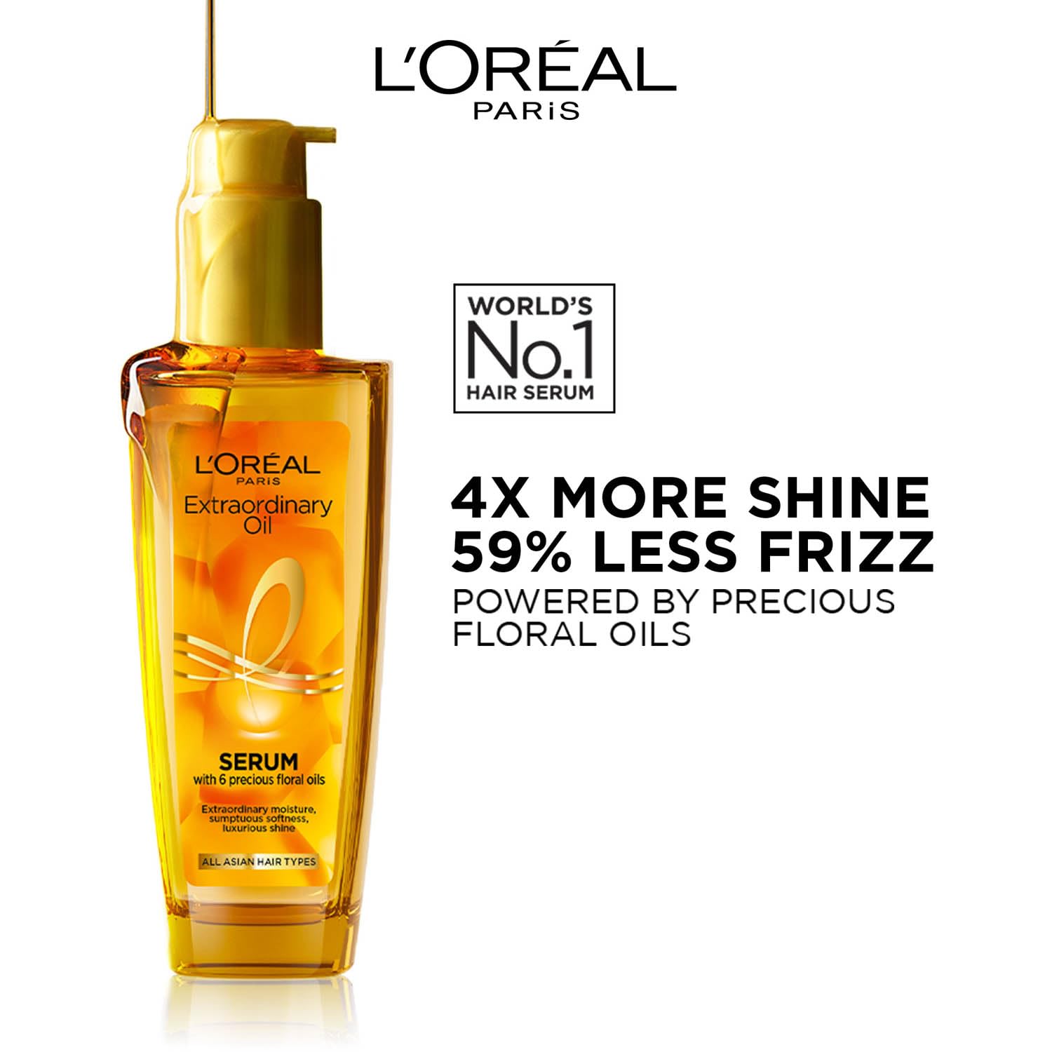 L'Oréal Extraordinary Oil Serum back-of-bottle 6-flower-oil ingredient list (Rose, Lotus, Camellia, Sunflower, Linseed, Tiare), manufacturer details and 100 ml net quantity