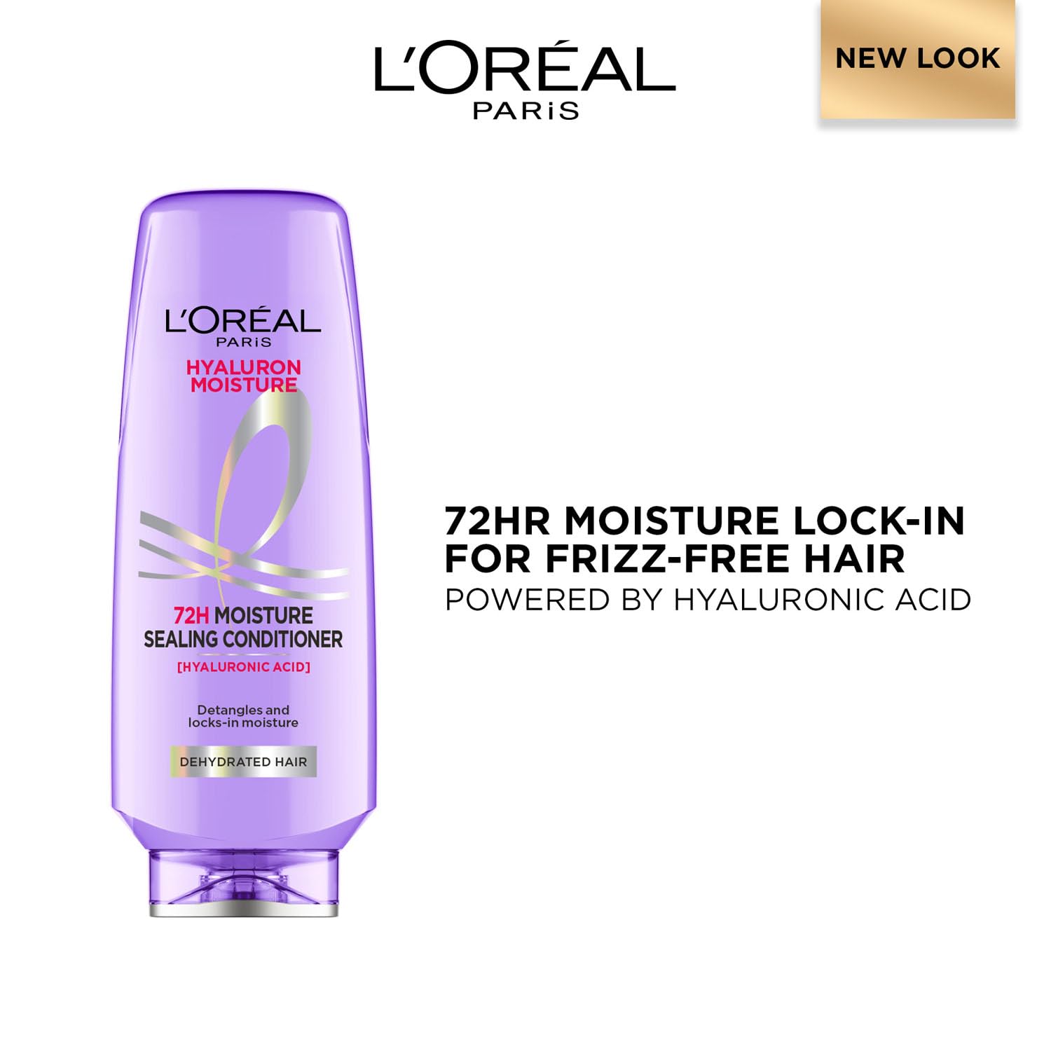 L'Oréal Hyaluron Conditioner back-of-bottle ingredient list, manufacturer details and 72HR moisture claim printed on the white squeeze bottle