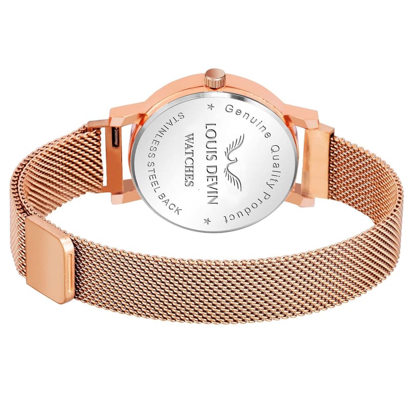 Louis Devin RG162 caseback and rose gold mesh strap with magnetic lock