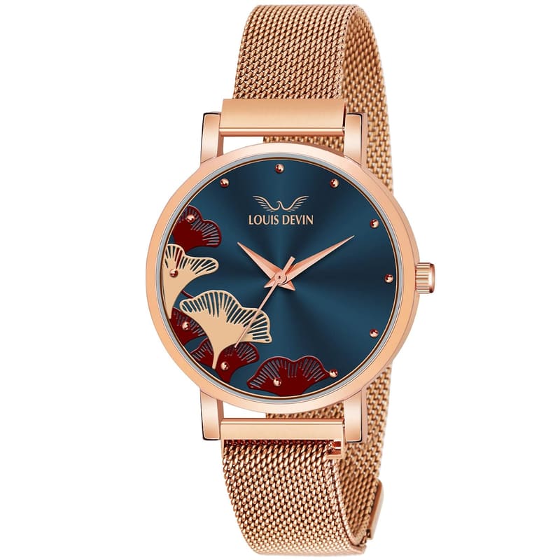 Louis Devin RG162 Blue Floral Dial Rose Gold Mesh Women's Watch