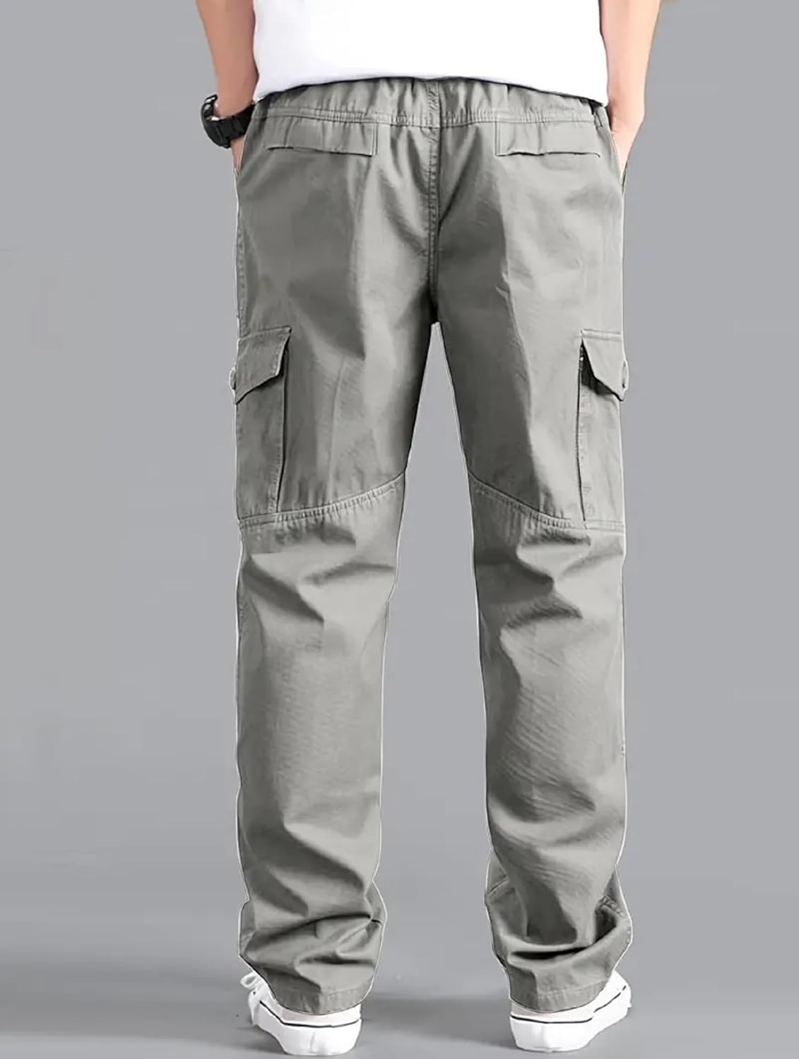 Lymio cotton cargo pant on model showing the relaxed loose-fit cut and ankle-cuff hem styled for casual streetwear