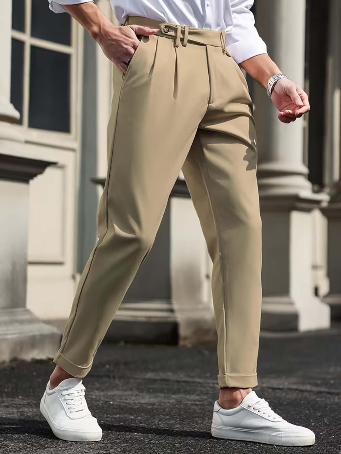 Lymio men's cotton-blend casual trouser styled with a white shirt for office-casual wear