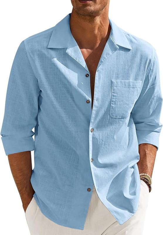 MADHAVISTA cotton-blend long-sleeve men's shirt in Sky colour shown flat — spread-collar button-down regular-fit casual shirt with a single straight chest pocket