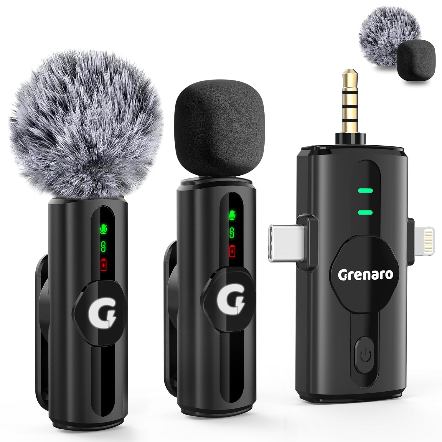 GRENARO S12 transmitter clipped to a shirt collar in a content-creation use case, with the windproof plush filter head fitted for outdoor / vlog shooting and the LED status indicator visible on the front of the unit