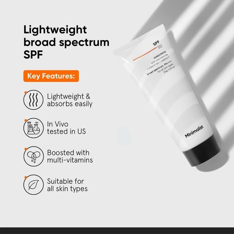 Minimalist Sunscreen SPF 50 PA+++ with Niacinamide & Multi-Vitamins texture and packaging