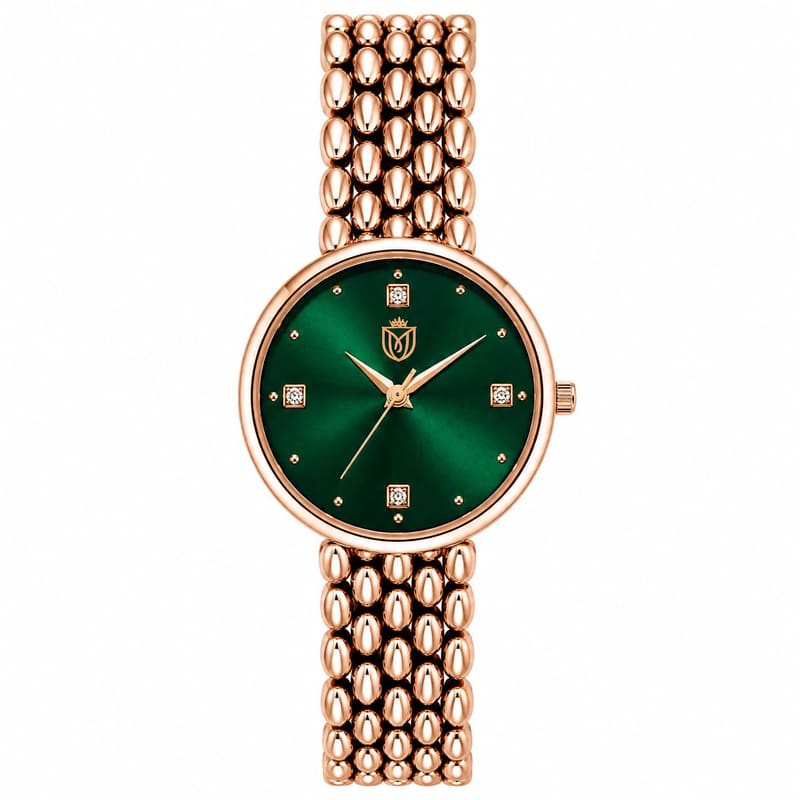 MOOVER MV-JWL-RG front view showing crystal hour markers on the green dial