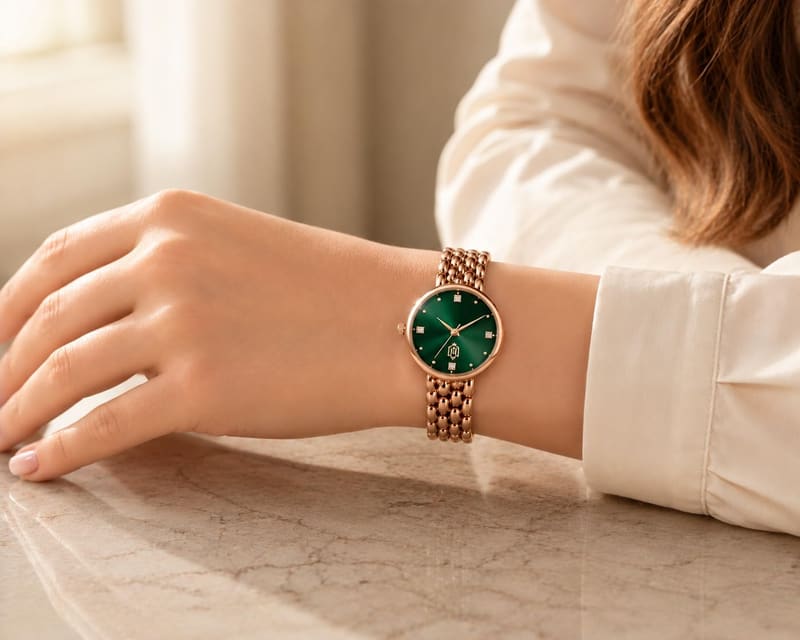 MOOVER MV-JWL-RG worn on a woman's wrist resting on a marble table