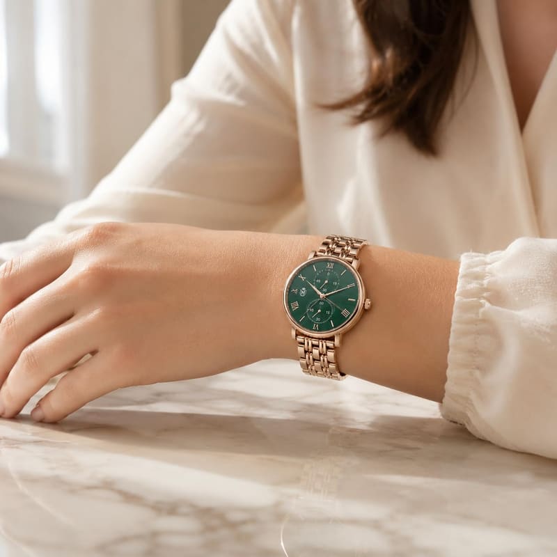 MOOVER women's watch worn on the wrist with a white blouse