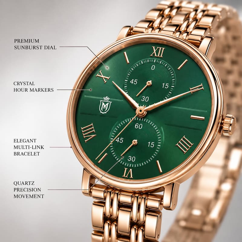 Annotated close-up of the MOOVER green sunburst dial, crystal markers and multi-link bracelet