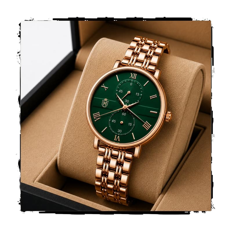 MOOVER Emerald Green Roman Numeral Dial Stainless Steel Women's Watch