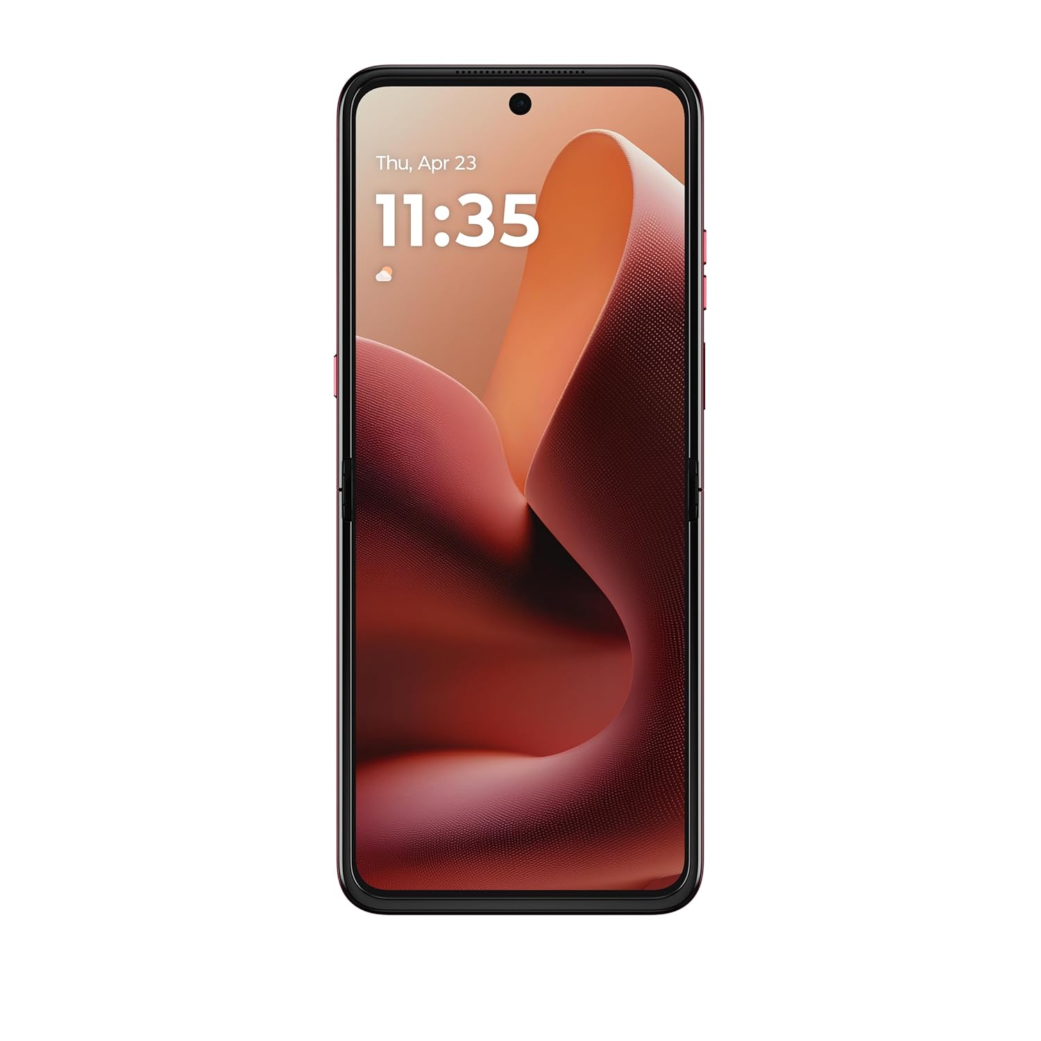 Motorola razr 60 Ultra unfolded — front view of the 6.96-inch 165Hz LTPO FlexView pOLED main display in Pantone Rio Red