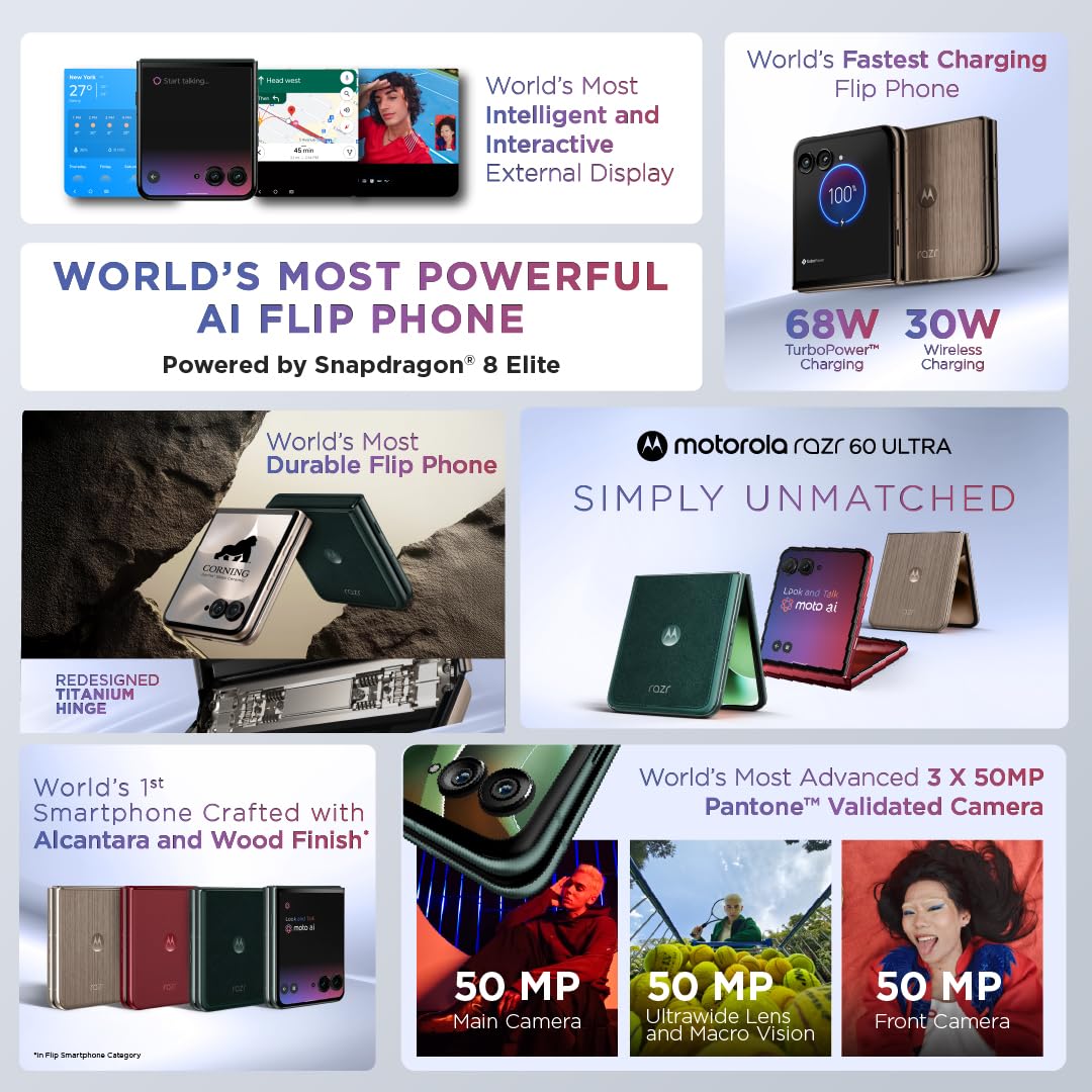 Motorola razr 60 Ultra marketing collage — World's Most Powerful AI Flip Phone, Snapdragon 8 Elite, 68W TurboPower + 30W wireless, world-first Alcantara and wood finishes, triple 50MP Pantone-validated camera, redesigned titanium hinge
