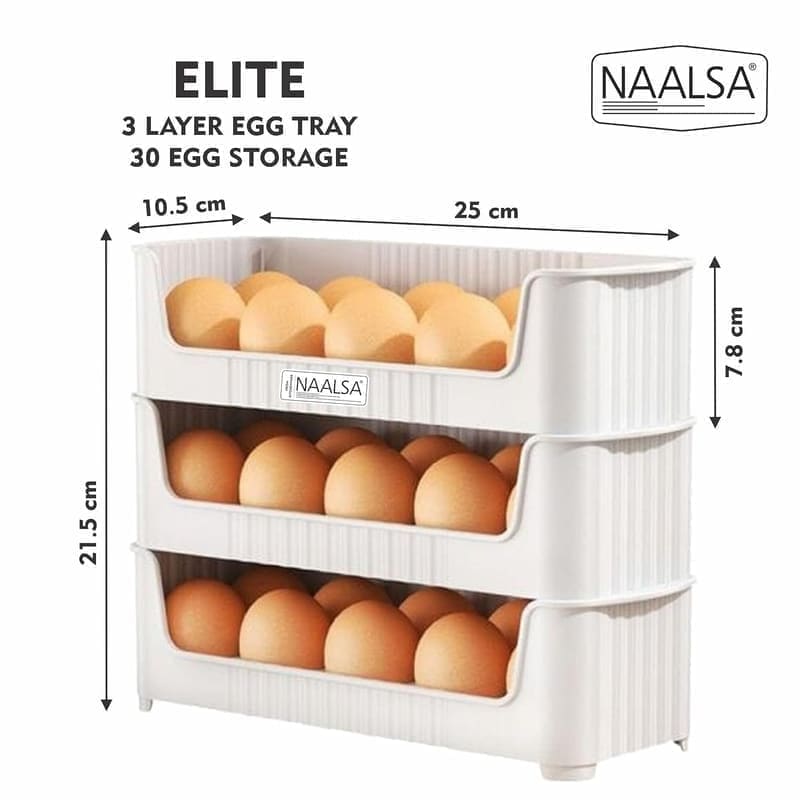 NAALSA ELITE egg trays in use inside a refrigerator side-door compartment, fully loaded with 30 white and brown eggs and stacked three-high in the fridge