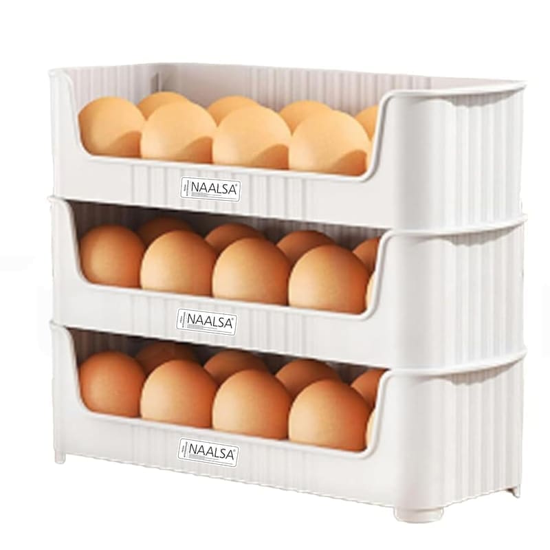 NAALSA ELITE stackable egg storage tray set of 3 hero shot — three transparent BPA-free plastic trays each with 10 egg slots stacked into a 30-egg organizer on a white background