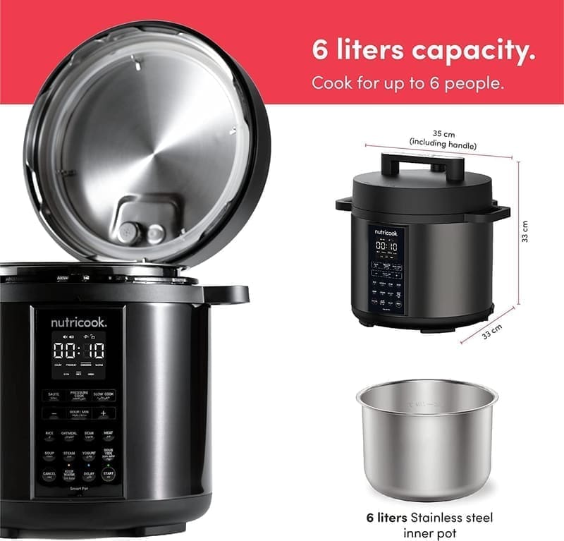Nutricook Smart Pot 2 top-down view of the Smart Lid showing the auto-release pressure valve, the sealing ring recess and the printed safety labels around the float valve