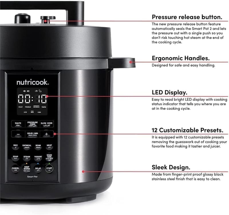 Nutricook Smart Pot 2 lifestyle shot on an Indian kitchen counter with the touch control panel illuminated, the 1000W power cable plugged into a standard 230V socket and a bowl of finished dal makhani beside it