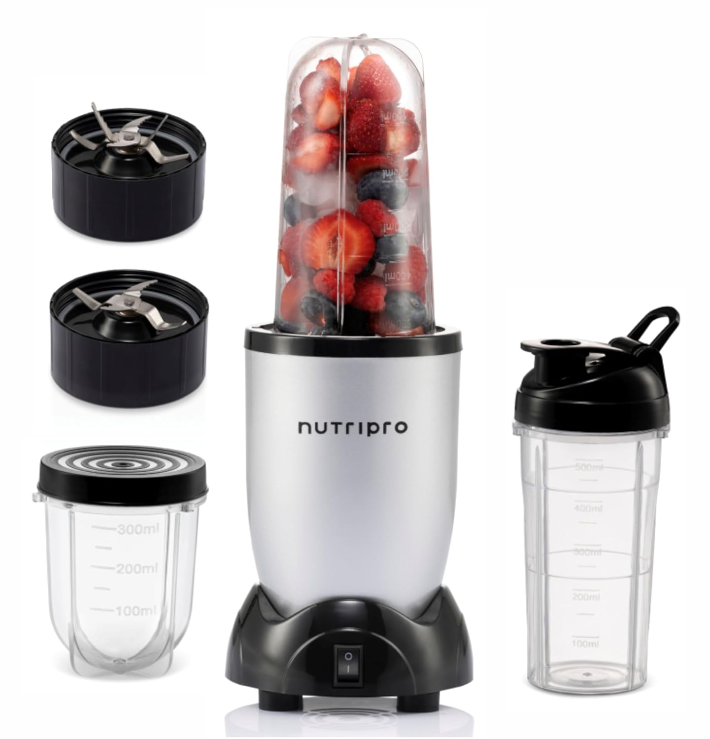 NutriPro Juicer Mixer Grinder 500W detail view of the motor base showing the three-position rotary speed knob (Off / Speed 1 / Speed 2 / Pulse) and the front silver finish