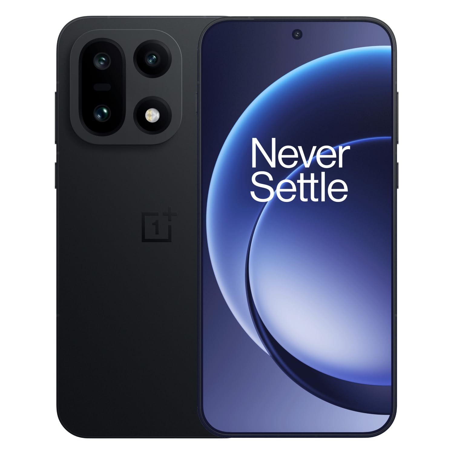 OnePlus 15 in Infinite Black — front and back view showing the 1.15mm-bezel display and the matte glass rear with OnePlus logo